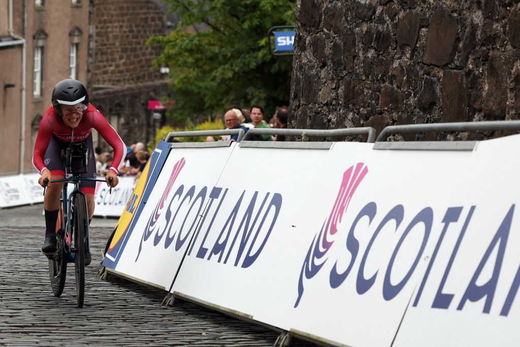Austrias Anna Kiesenhofer takes part in the womens Individual Time Trial in Stirling during the UCI Cycling World Championships in Scotland on August 10 2023 Photo by Adrian DENNIS AFP Photo by ADRIAN DENNISAFP via Getty Images