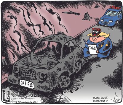 Political cartoon U.S. California fires burnt car Trump MAGA parking ticket