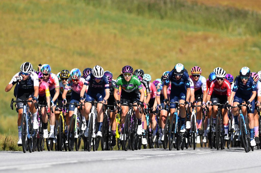 STROMSTAD SWEDEN AUGUST 10 Alison Jackson of Canada and Team Liv Racing Xstra Green Points Jersey C and a general view of the peloton competing during the 8th Tour of Scandinavia 2022 Battle Of The North Stage 2 a 1538km stage from Orust to Strmstad UCIWWT tourofscandinavia TOSC22 on August 10 2022 in Stromstad Sweden Photo by Luc ClaessenGetty Images