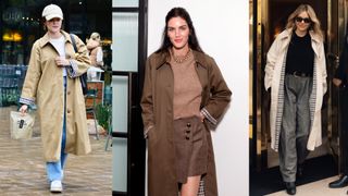 a collage of Lucy Hale, Hillary Rhoda, and Sienna Miller wearing the Sézane Clyde trench coat