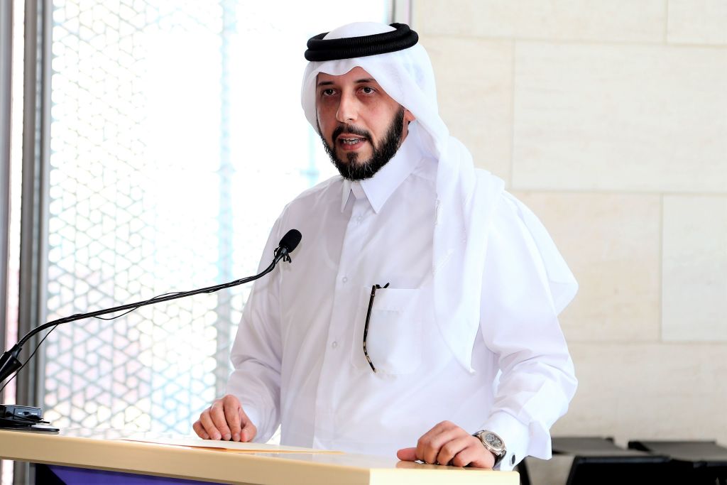 Mansour bin Ebrahim Al-Mahmoud, special advisor to Qatar Museums' (QM) chairperson, speaks during a press conference announcing the opening date of Qatar's long-delayed national museum, in the capital Doha on December 10, 2018. - Estimated to have cost $434 million (380 million euros), the French-designed 52,000-square metre museum shaped in the form of a desert rose was first due to open in 2016 but is now set to start welcoming visitors from March 2019.