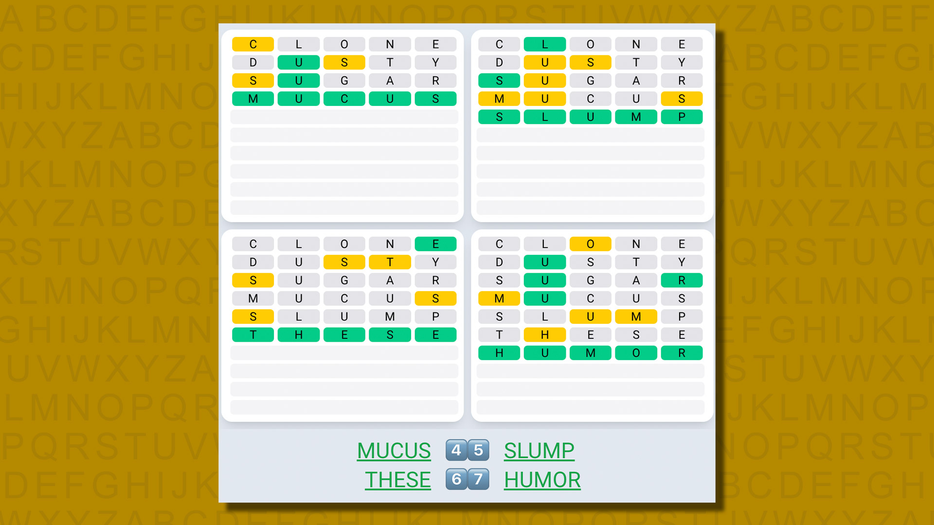 Quordle daily sequence answers for game 568 on a yellow background