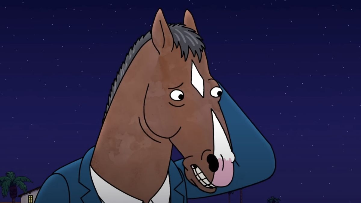 Close-up of BoJack &#039;s worried face as he scratches his head talking to Todd on the beach in BoJack Horseman Season 6