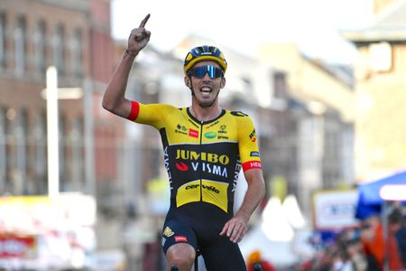 BINCHE, BELGIUM - OCTOBER 04: Christophe Laporte of France and Team Jumbo - Visma celebrates at finish line as stage winner during the 35th Binche - Chimay - Binche / Memorial Frank Vandenbroucke 2022 a 198,6km one day race from Binche to Binche / #BincheChimayBinche / on October 04, 2022 in Binche, Belgium. (Photo by Luc Claessen/Getty Images)