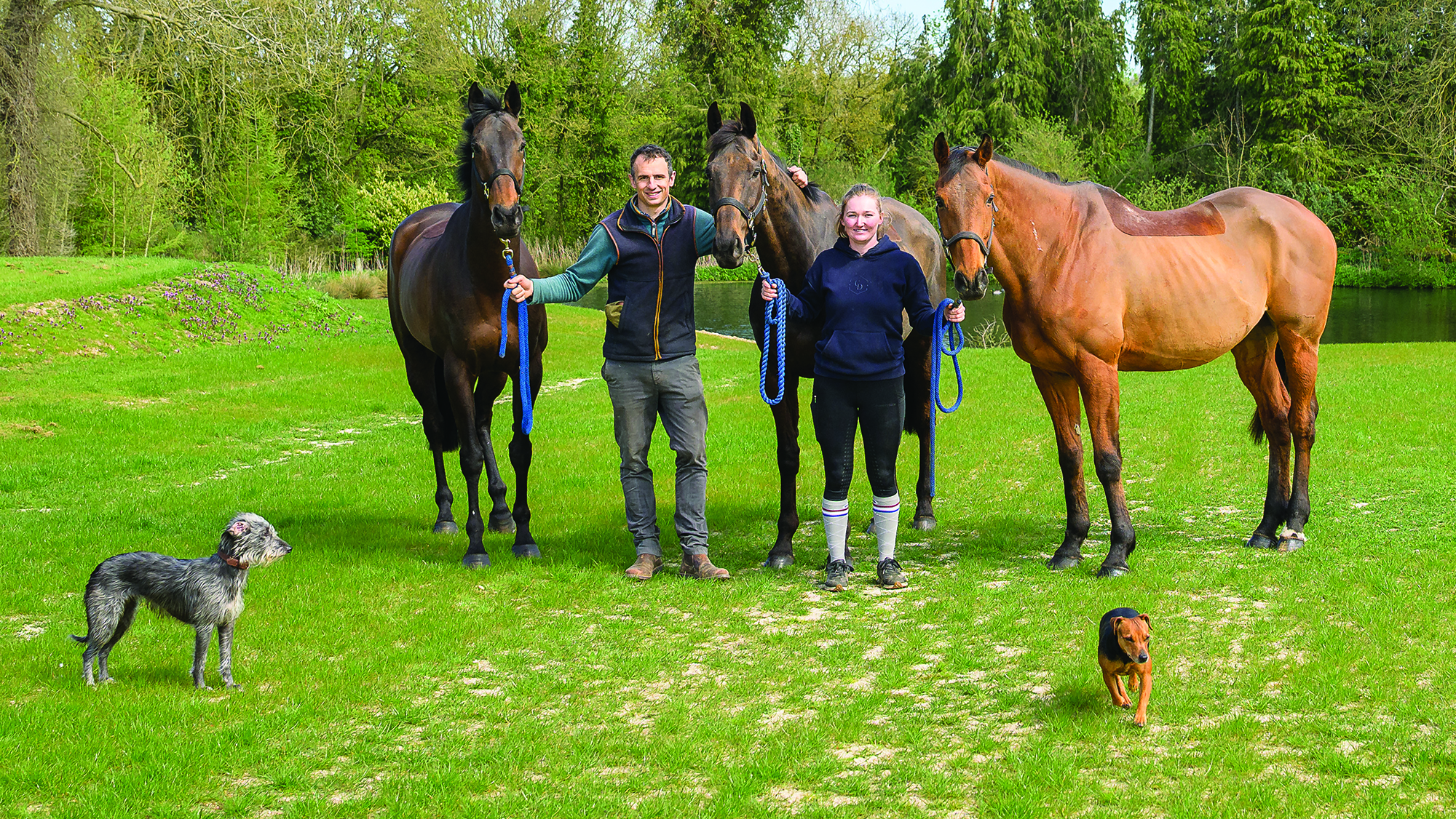 Tom Strawson and his part-time groom Robyn Lawrie, with Public Address, his Harborough Ride winner Cheddleton and his hunter, the ex-racehorse Traffic Fluide