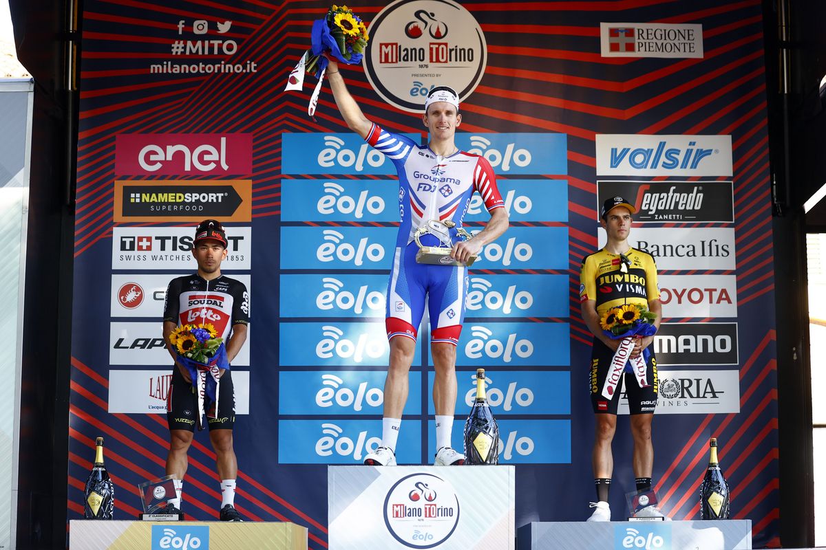 Arnaud Demare takes top step of podium at Milano-Torino 2020 with Caleb Ewan second and Wout van Aert third