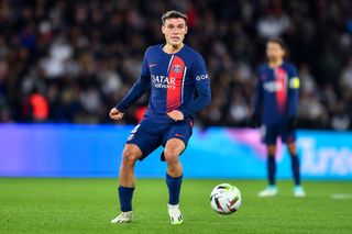 Manuel Ugarte of PSG passes the ball during the Ligue 1 Uber Eats match between Paris Saint-Germain and Montpellier HSC at Parc des Princes on November 03, 2023 in Paris, France.