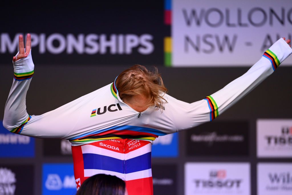 WOLLONGONG AUSTRALIA SEPTEMBER 18 Gold medalist Tobias S Foss of Norway puts on the world champion jersey during the medal ceremony after the 95th UCI Road World Championships 2022 Men Individual Time Trial a 342km individual time trial race from Wollongong to Wollongong Wollongong2022 on September 18 2022 in Wollongong Australia Photo by Tim de WaeleGetty Images