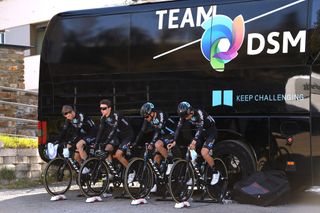 NATURNS ITALY APRIL 21 Michael Storer of Australia Jai Hindley of Australia Romain Combaud of France Henri Vandenabeele of Belgium and Team DSM warming up on rollers at start in Imst Village during the 44th Tour of the Alps 2021 Stage 3 a 162km stage from Imst to NaturnsNaturno TourofTheAlps TouroftheAlps on April 21 2021 in Naturns Italy Photo by Tim de WaeleGetty Images