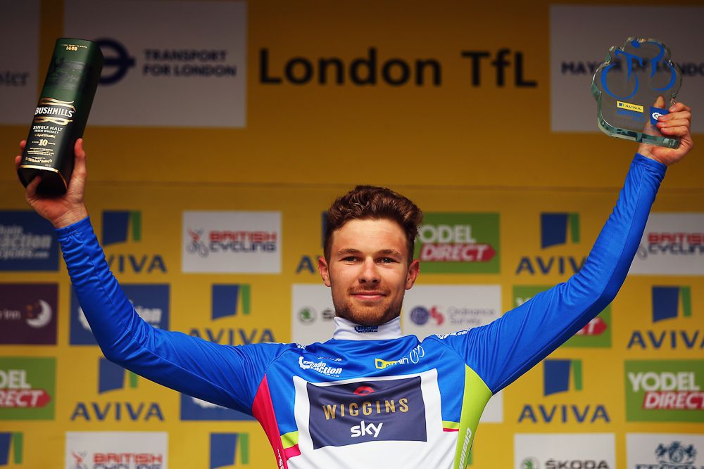Owain Doull on the final podium of the 2015 Tour of Britain.