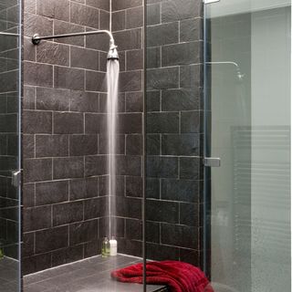 bathroom shower with glass partition with black wall tiles