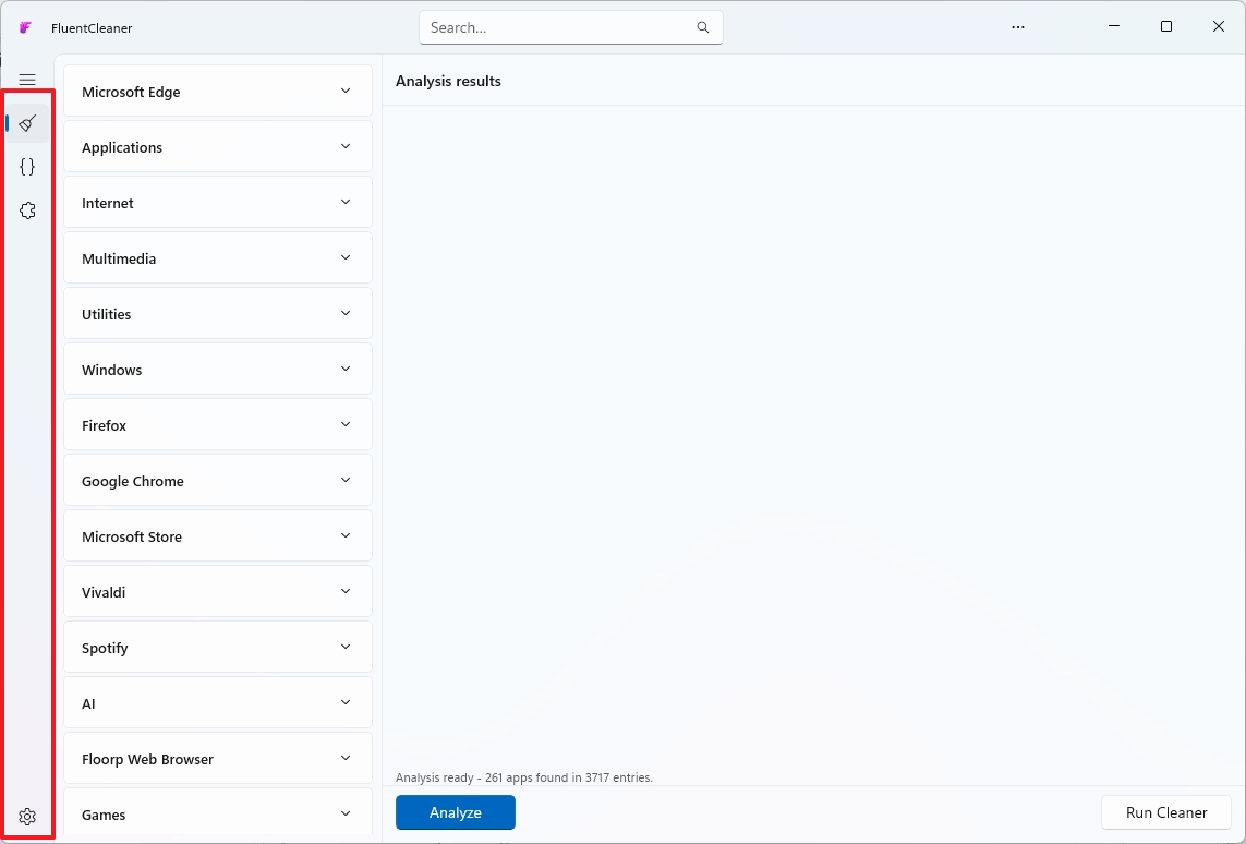 Software UI showing a list of categories like Microsoft Edge, Multimedia, and Utilities on the left. The right panel is for analysis results, with options to "Analyze" and "Run Cleaner."