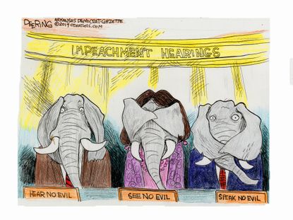 Political Cartoon U.S. Republicans Impeachment see hear speak no evil