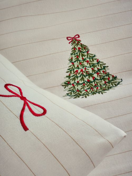 White Embroidered Christmas Tree Brushed Cotton Duvet Cover and Pillowcase Set