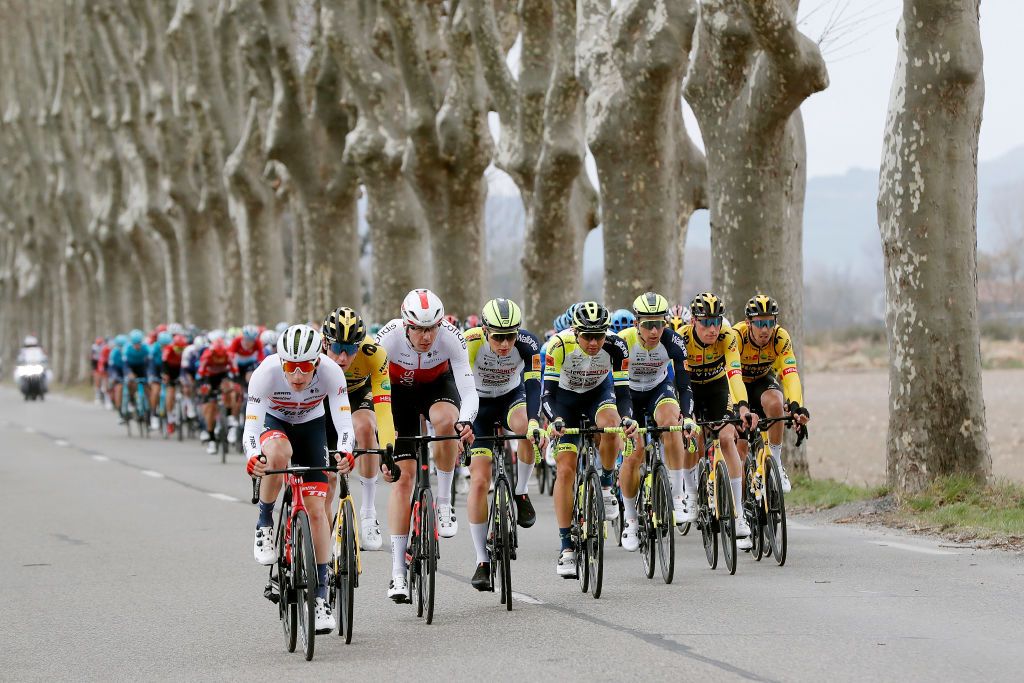 AUBAGNE FRANCE MARCH 11 LR Otto Vergaerde of Belgium and Team Trek Segafredo Nathan Van Hooydonck of Belgium and Team Jumbo Visma Max Walscheid of Germany and Team Cofidis Aim De Gendt of Belgium and Team Intermarch Wanty Gobert Matriaux Rein Taaramae of Estonia and Team Intermarch Wanty Gobert Matriaux compete during the 80th Paris Nice 2022 Stage 6 a 2136km stage from Courthzon to Aubagne ParisNice WorldTour on March 11 2022 in Aubagne France Photo by Bas CzerwinskiGetty Images