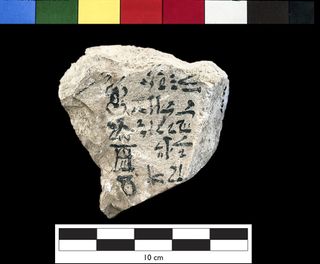 One side of the inscribed 3,400-year-old piece of pottery may show an ancient forerunner to our alphabet sequence.