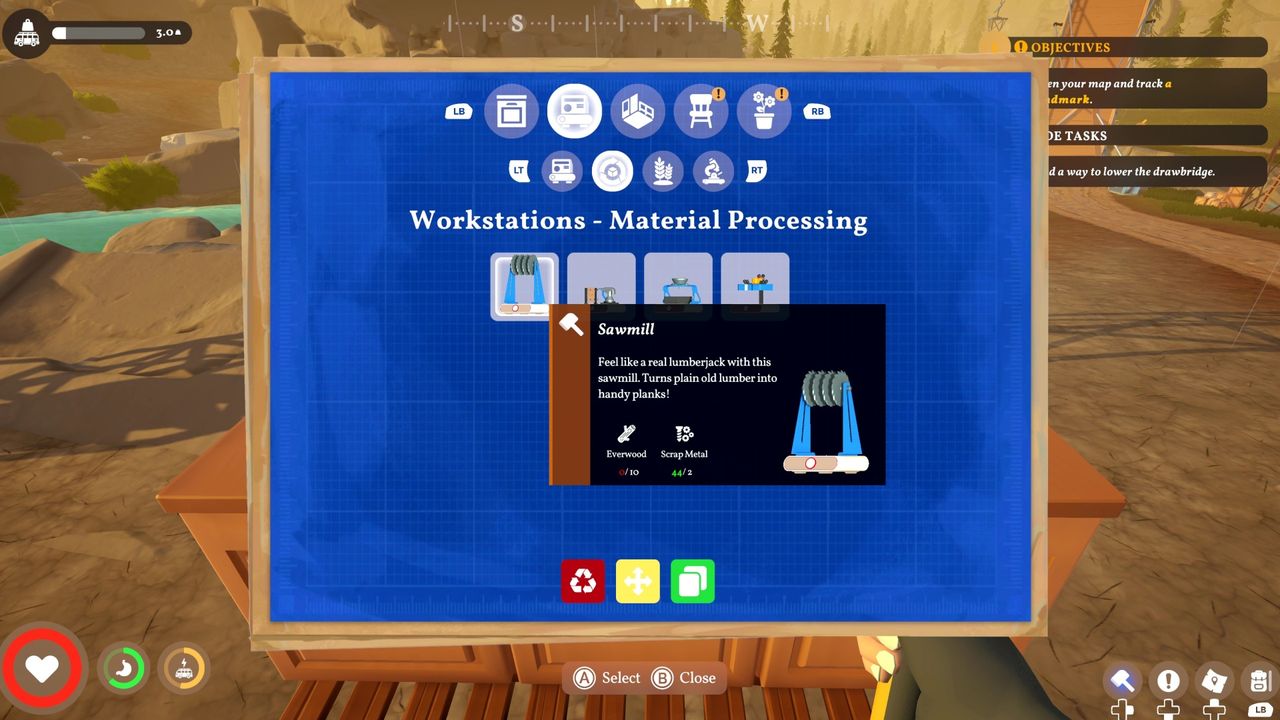 Outbound - Sawmill station requirements are 10 everwood logs and 2 scrap metal
