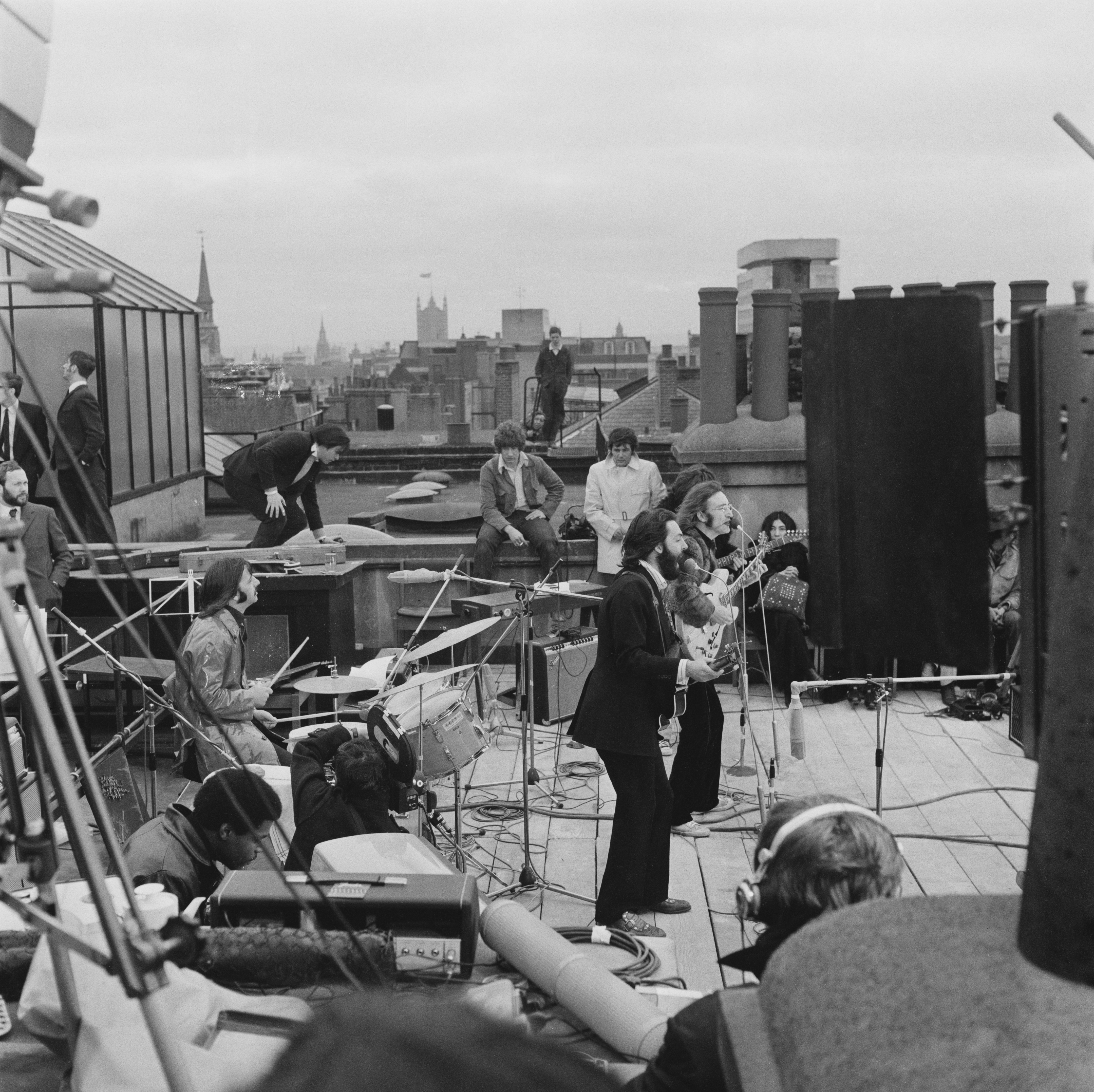 Beatles Rooftop Concert black and white photograph