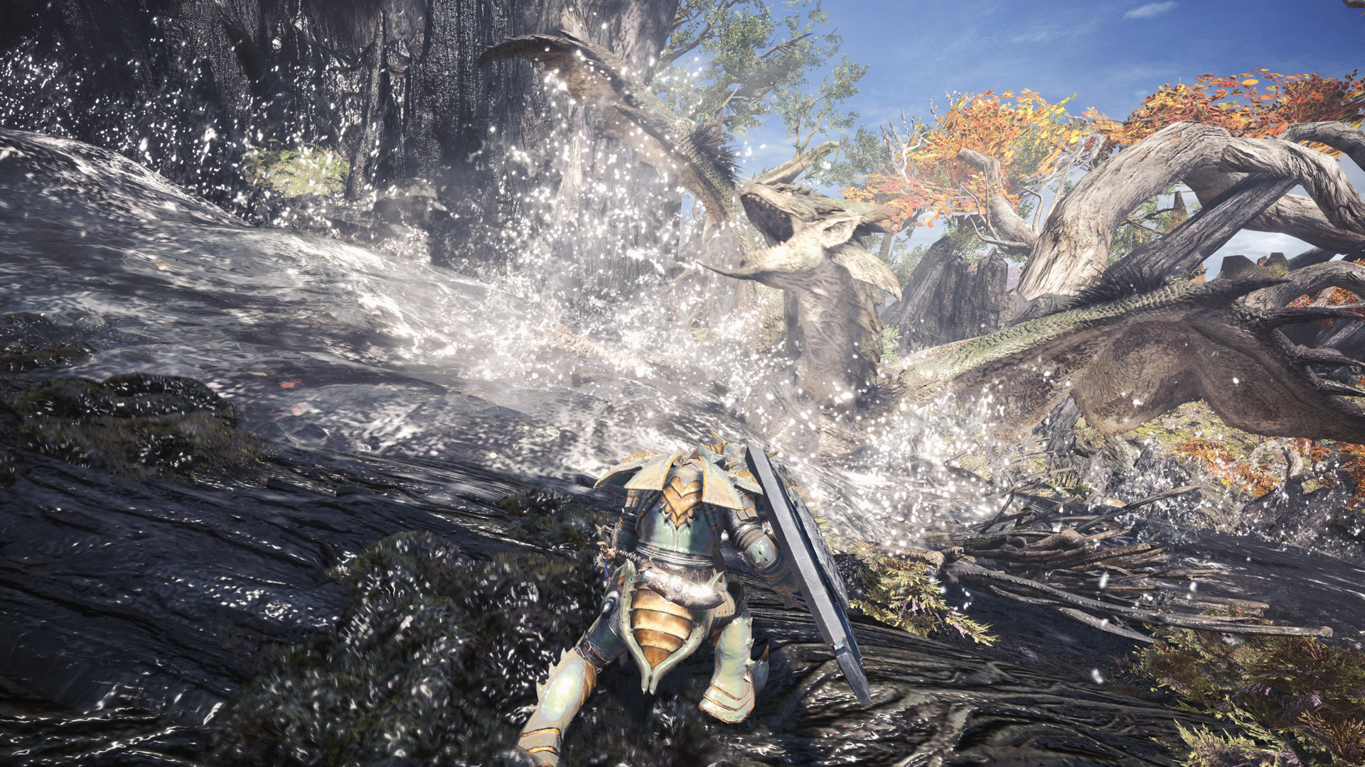 In Monster Hunter World, the player character engages in combat with a giant dragon-like monster