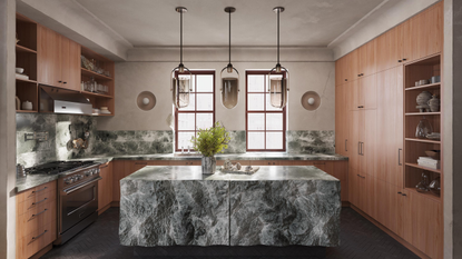 A modern wood kitchen with statement stone worktop and island, smoked glass pendants and ceiling height cabinetry