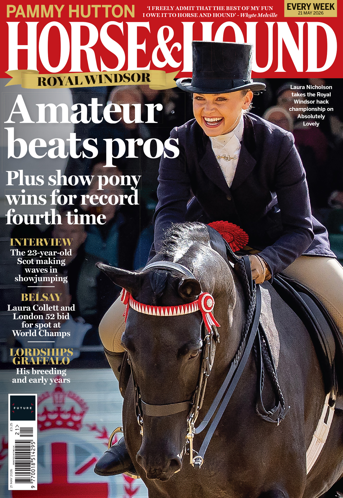 Cover of Horse &amp; Hound on sale from 21 May, featuring a bay show horse. The woman riding him smiles, celebrating a win at the Royal Windsor Horse Show
