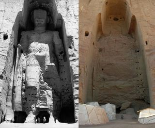 The taller Buddha of Bamiyan before (left picture) and after destruction (right).