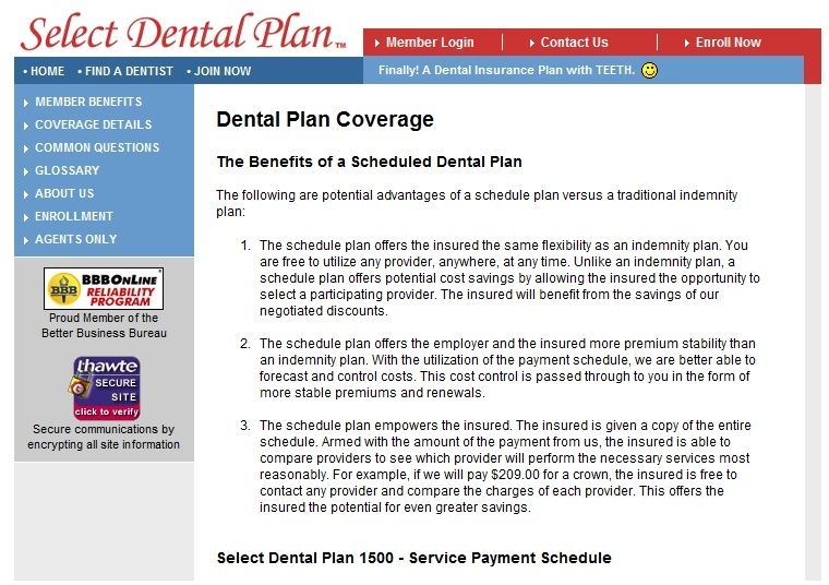 Select Dental image: This is the Scheduled Dental Plan page. Here, customers can read about the benefits of enrolling in a specific plan before they decide to avail of it.