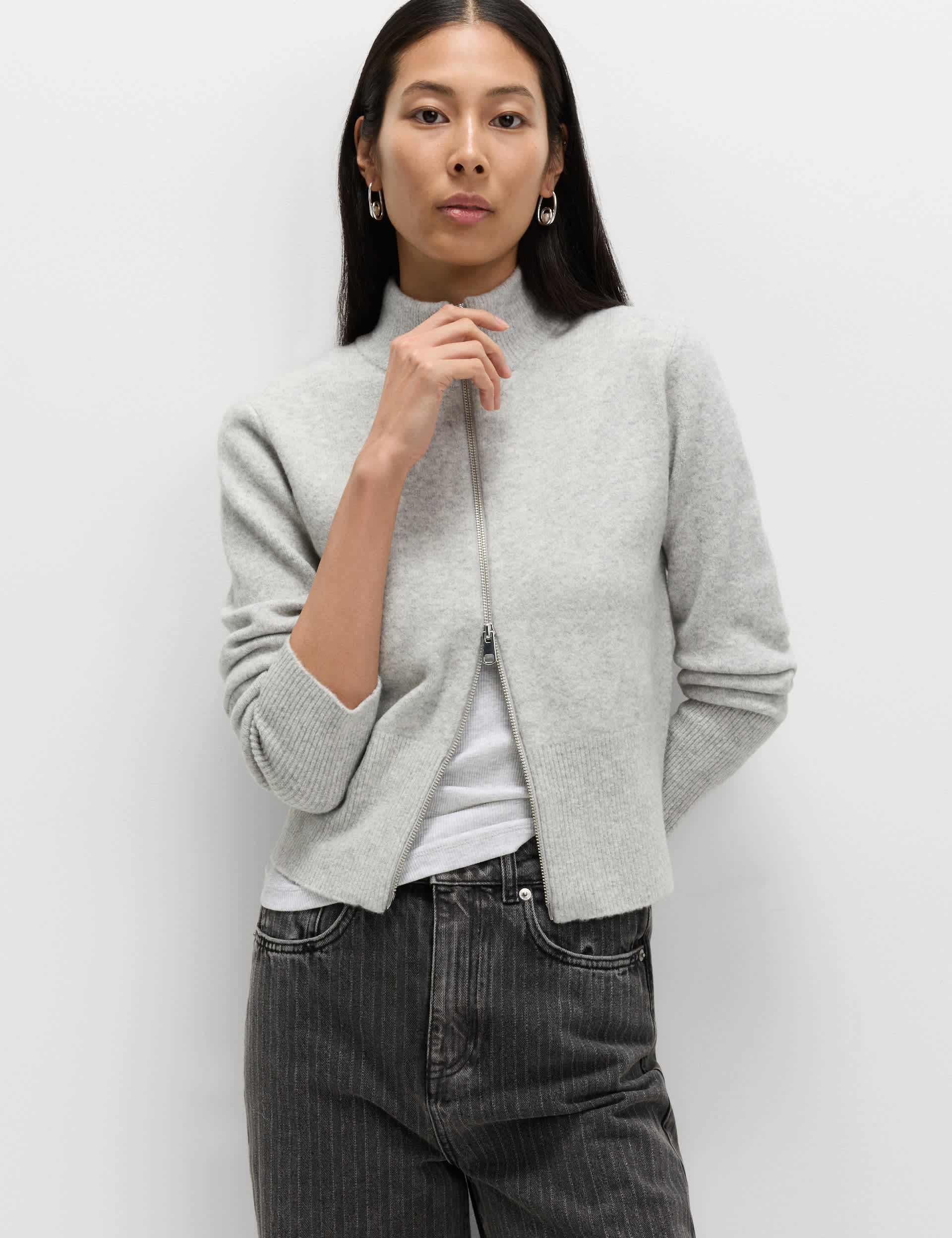 Funnel Neck Zip Up Knitted Jacket