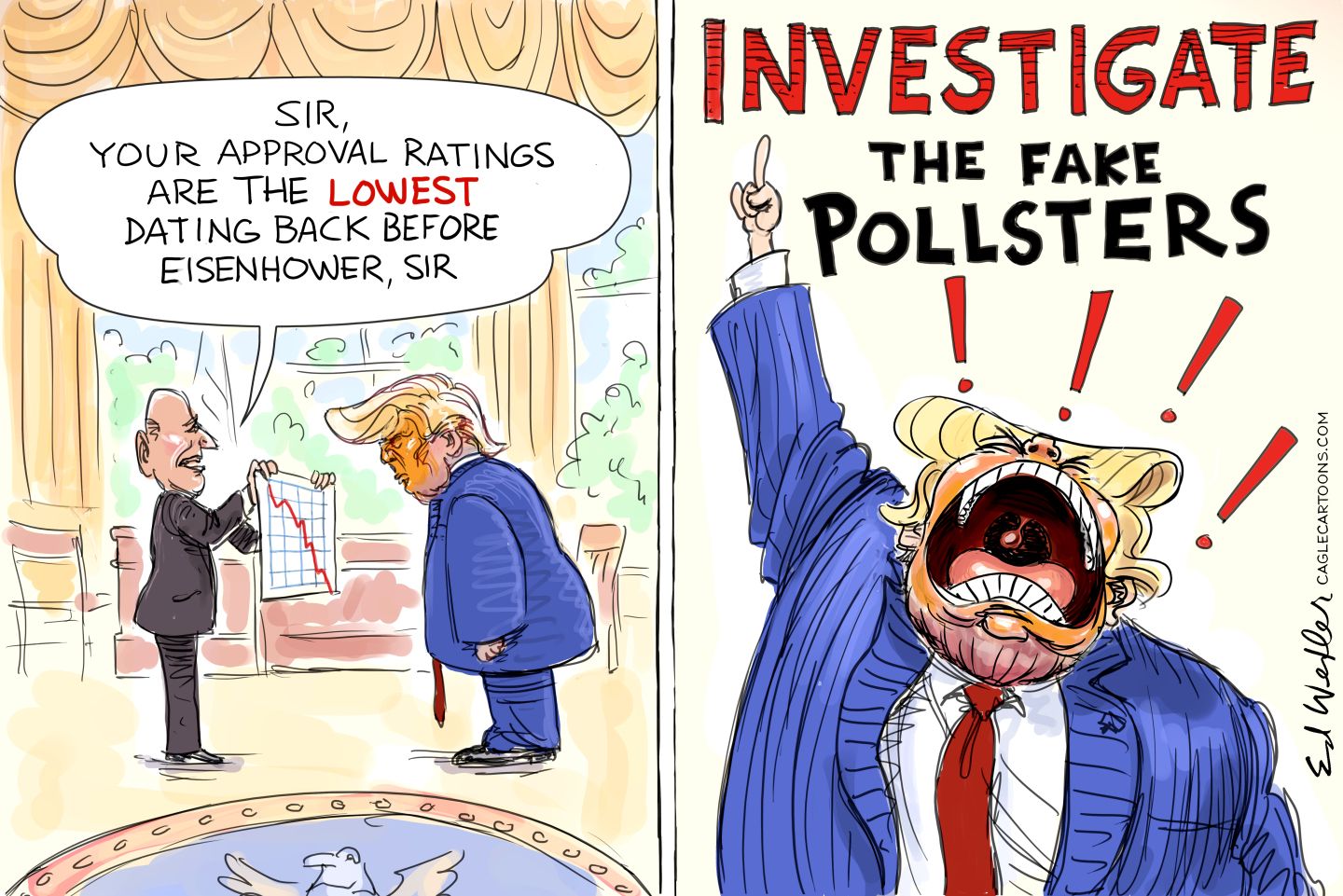 
                                This two-panel cartoon begins on the left with a concerned aide presenting a chart showing declining approval ratings to Donald Trump. The aid says, &quot;&quot;SIR, YOUR APPROVAL RATINGS ARE THE LOWEST DATING BACK BEFORE EISENHOWER, SIR.&quot; The next panel is Trump shouting &quot;INVESTIGATE THE FAKE POLLSTERS !!!&quot; 
                            