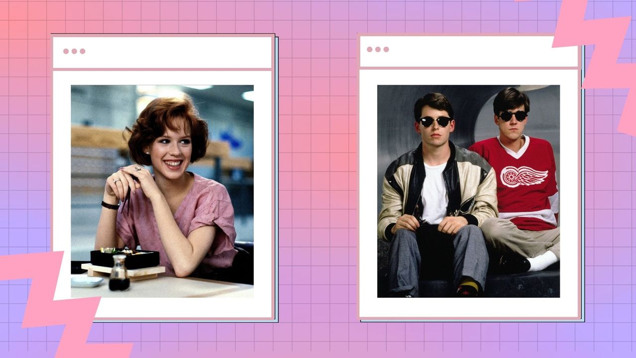 Netflix 80s movies: Molly Ringwald in The Breakfast Club alongside a picture of John Hugues and Matthew Broderick In Ferris Bueller&#039;s day out / in a pink and purple check template