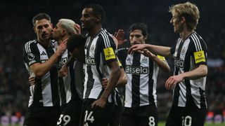 Newcastle United's Alexander Isak celebrates his goal with teammates during the Premier League match between Newcastle United and Aston Villa at St. James's Park in Newcastle, United Kingdom, on December 26, 2024.