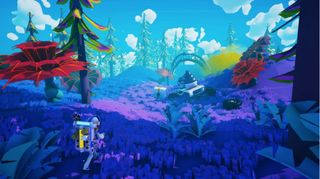 Scene from a video game showing spacesuited astronauts exploring an exoplanet with purple plants.