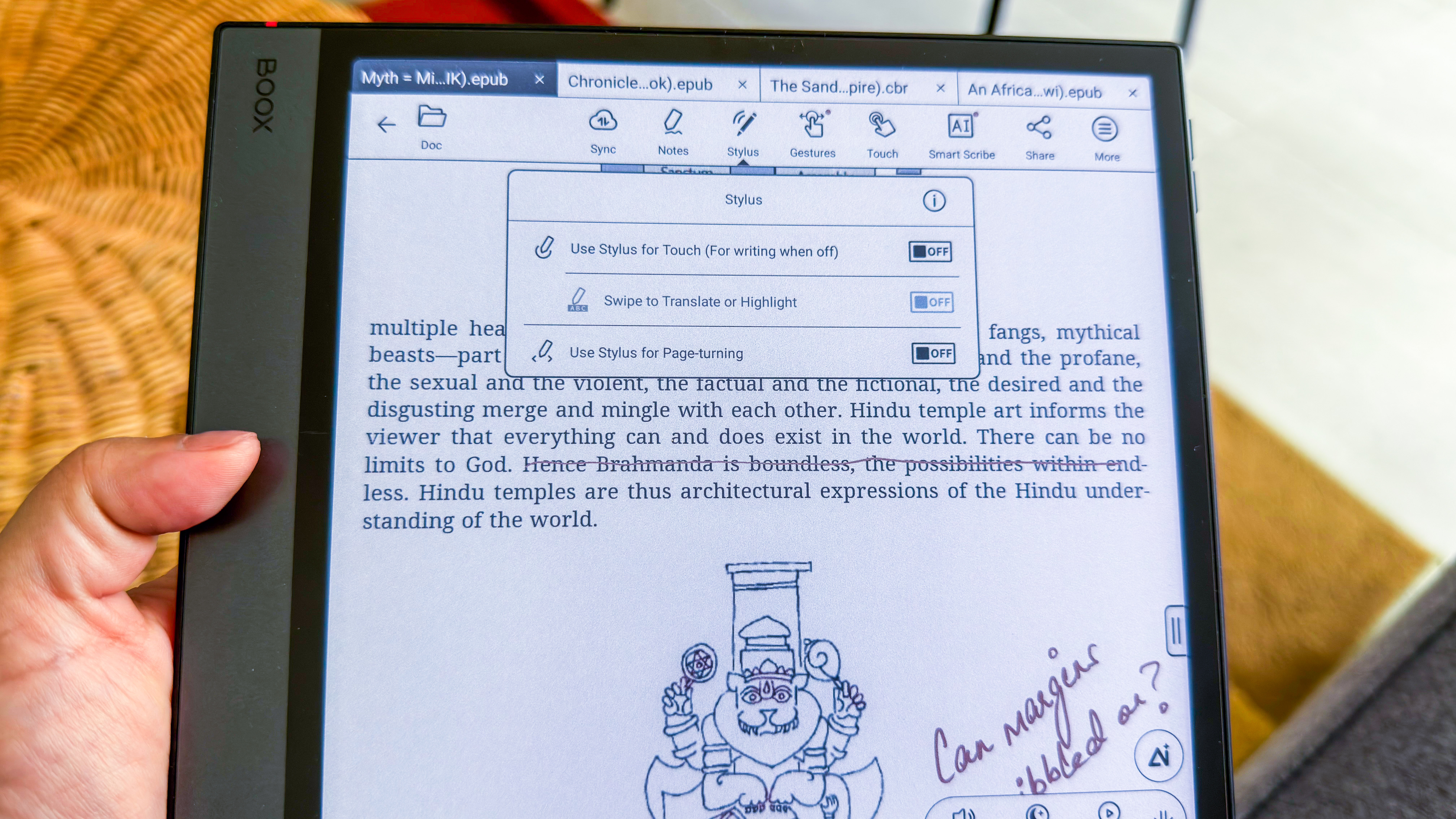 Stylus options within the library app of the Boox Note Air5 C