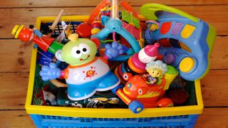 A basket full of plastic toys