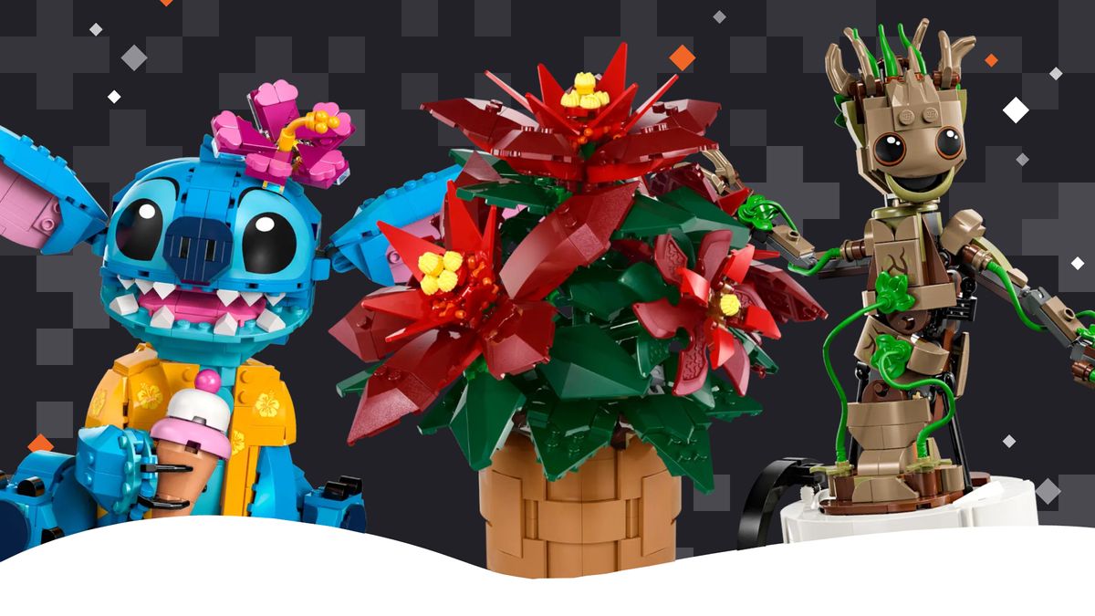 Lego Stitch, Poinsettia, and Dancing Groot against a snowy background