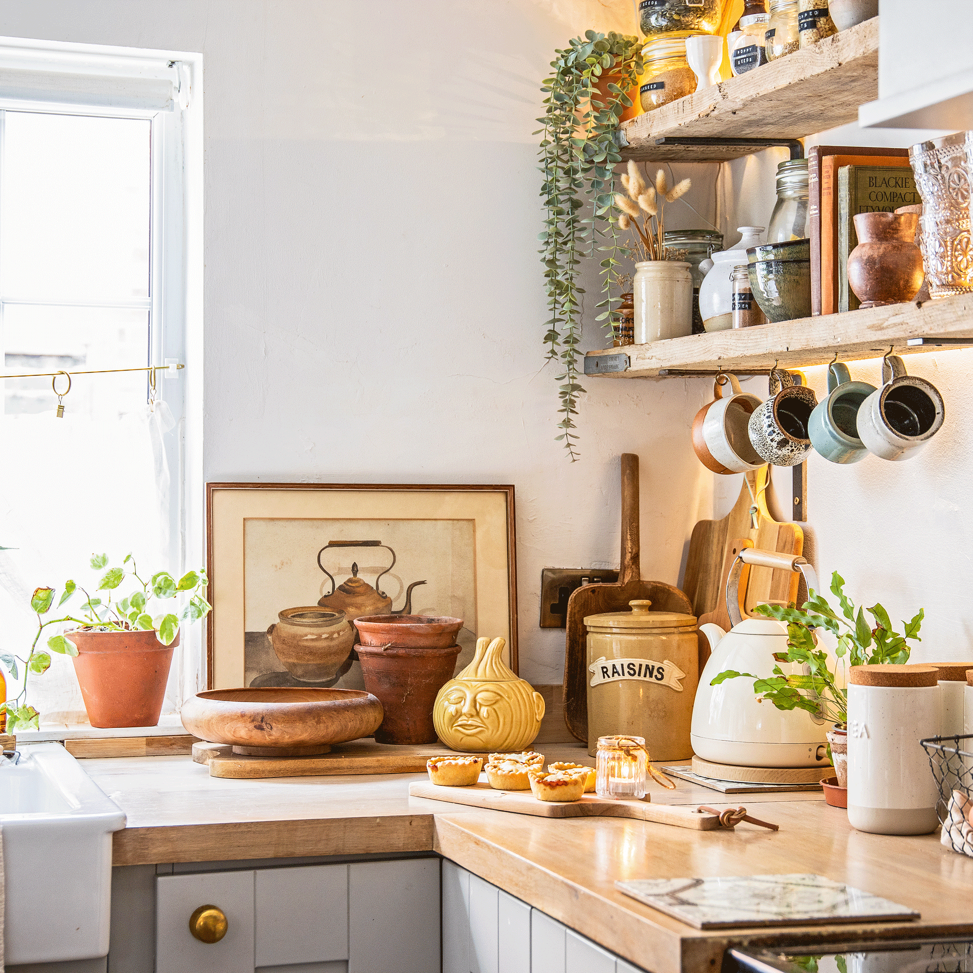 a rustic kitchen with a variety of storage jars on the countertop