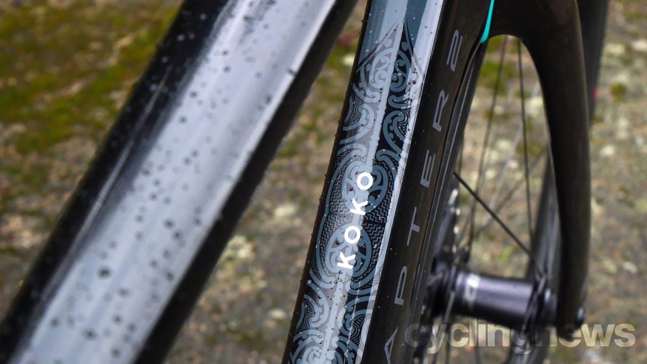 Koko downtube detail with surrounding Maori design on the downtube