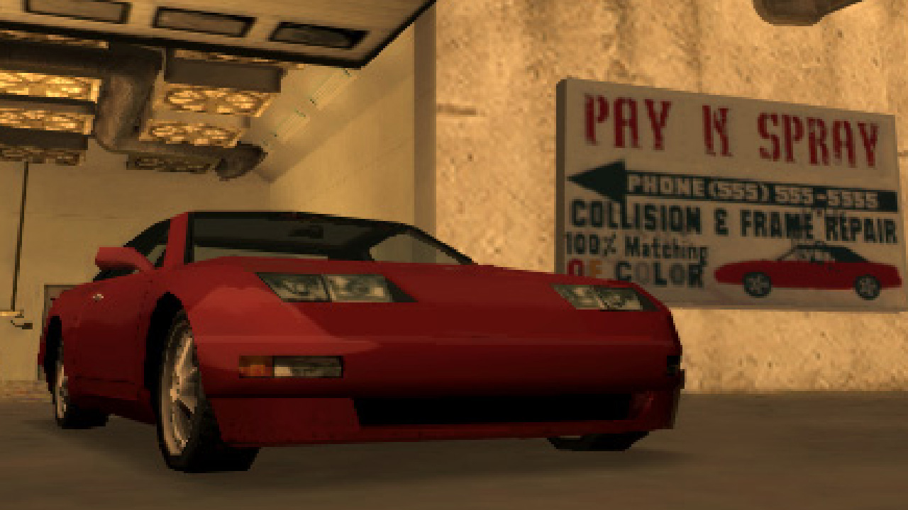 Exiting the Pay and Spray with a red sports car in GTA San Andreas