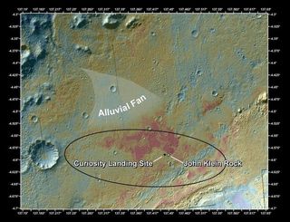 This false-color map shows the area within Gale Crater on Mars, where NASA's Curiosity rover landed on Aug. 5, 2012 PDT (Aug. 6, 2012 EDT) and the location where Curiosity collected its first drilled sample at the "John Klein" rock. Image released March 12, 2013.