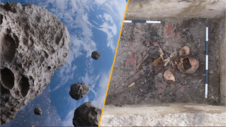 Split image of asteroids approaching Earth and an ancient, buried toddler.