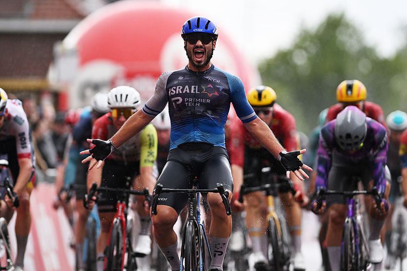 STRIJLAND, BELGIUM - SEPTEMBER 21: Oded Kogut of Israel and Team Israel - Premier Tech celebrates at finish line as race winner during the 22nd Gooikse Pijl 2025 a 195.8km one day race from Roosdaal to Strijland on September 21, 2025 in Strijland, Belgium. (Photo by Luc Claessen/Getty Images)