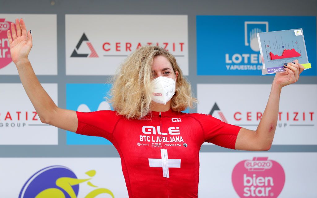 A RUA SPAIN SEPTEMBER 02 Marlen Reusser of Switzerland and Team Ale Btc Ljubljana celebrates winning the stage stage on the podium ceremony after the 7th Ceratizit Challenge By La Vuelta 2021 Stage 1 a 1187 stage from Estacin Invernal Cabeza de Manzaneda to A Rua ChallengeVuelta CERATIZITChallenge21 on September 02 2021 in A Rua Spain Photo by Gonzalo Arroyo MorenoGetty Images