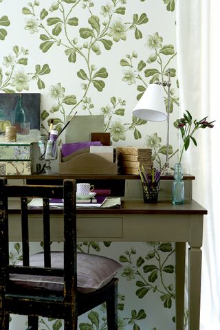 green floral wallpaper with wooden desk