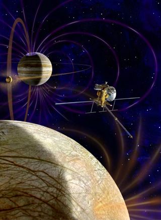 This artist’s concept shows NASA's Jupiter Europa Orbiter, which will carry a complement of 11 instruments to explore Europa and the Jupiter system. The spacecraft is part of the joint NASA-ESA Europa Jupiter System Mission.