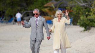 Prince Charles, Prince of Wales and Camilla, Duchess of Cornwall attend an engagement on the beach during their official visit to Grenada on March 23, 2019 in Saint George's, Grenada.
