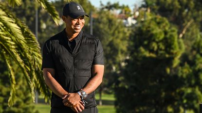 Tiger Woods smiles at Riviera Country Club in 2021