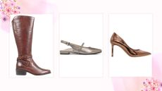 comfortable shoes for women over 50: trio of shots - A brown knee high boot, a silver sling back, a bronze heel