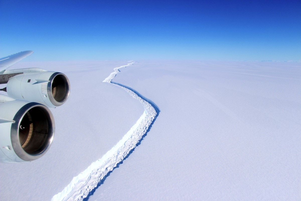 An aerial snapshot shows the rift in the Larsen C Ice Shelf on Antarctica on Nov. 10, 2016. The crack has since grown and as of May 1, 2017, has a second crack.