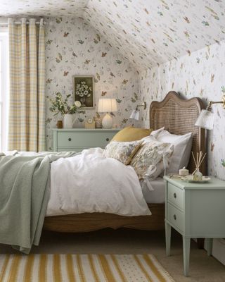 horizontal stripe curtains with bird wallpaper in a country bedroom