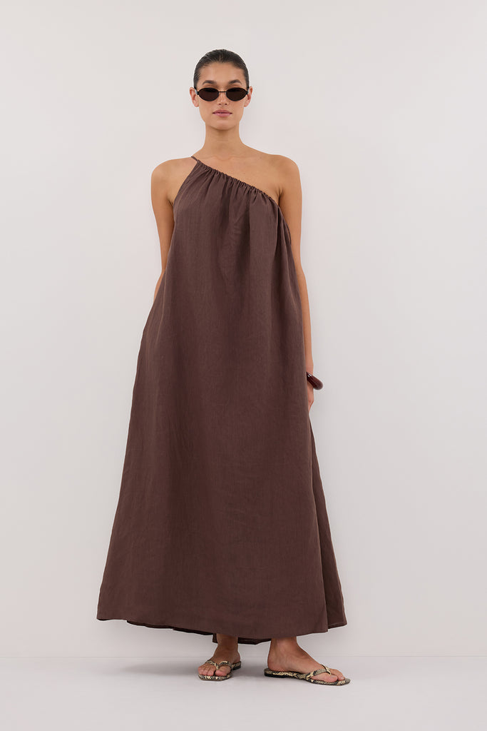 Alma Bitter Choc Asym Linen Midi Dress - Pre Order